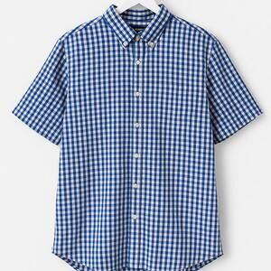 Lands End Men’s Blue & White Gingham Short Sleeve Button-Down Shirt (L) – Bin E